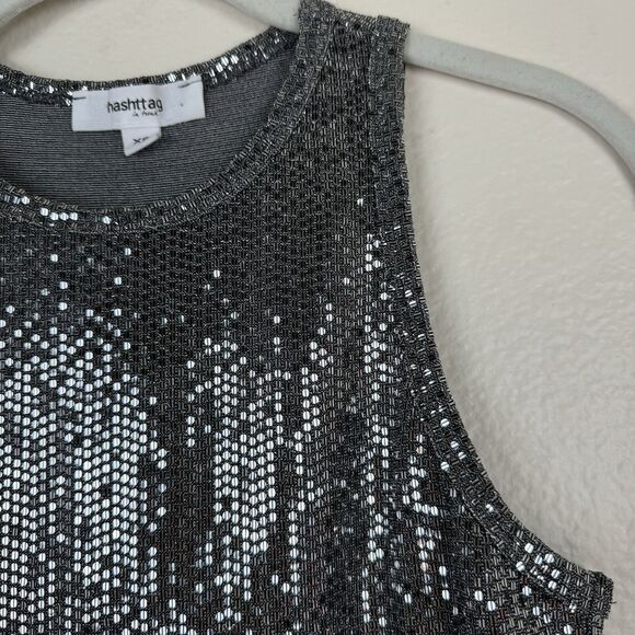 Hashttag In Trend High Neck Sequin Disco Party Tank Top Silver XS - Picture 4 of 12